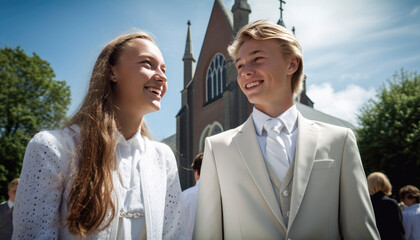 Holy church confirmation ceremony with young stylish teenager dressed for the big day