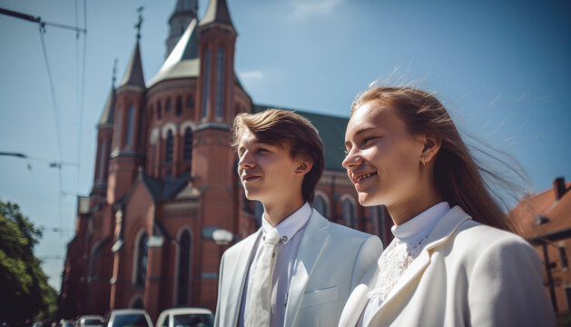 Holy church confirmation ceremony with young stylish teenager dressed for the big day