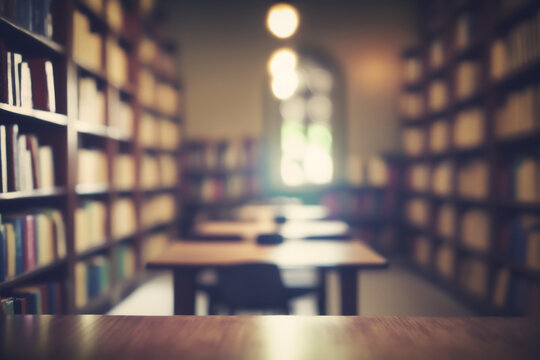 Generative AI image of a empty college library interior space with blurred background. Empty wooden table in foreground.