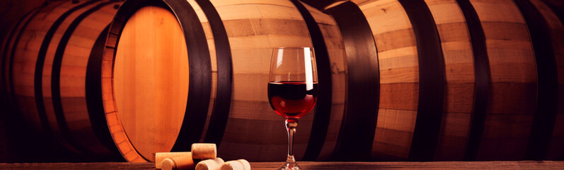 Wine cellar barrel and glass of wine. Generative AI,
