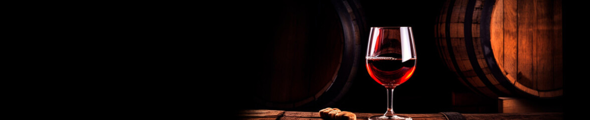 Wine cellar barrel and glass of wine. Generative AI,