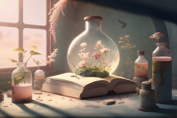 illustration of magical books and glass jars in pastel colors