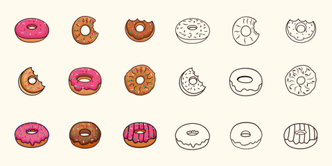 Donuts Premium Illustration Vector Drawn Design Set. Sugar Calories Doughnut Minimal Cafe Candy Pink Art, Food With Element And Isolated, Vector Design.