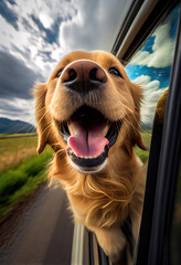 Happy Golden Retriever sticking head out of car window while car is driving. Generative AI