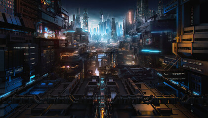 Fototapeta na wymiar Future smart city skyline panorama. Futuristic cyberpunk citycape at night creative concept illustration: skyscrapers, towers, buildings, cyber neon lights. Panoramic urban sci-fi megapolis town, 3D