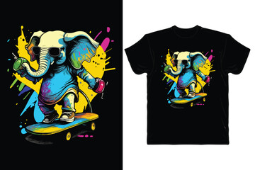 elephant cartoon wearing sunglasses riding a skateboard with colorful t-shirt design