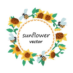 Circle border or frame design with sunflowers for summer cards and food packs design, flat hand drawn vector illustration isolated on white background.