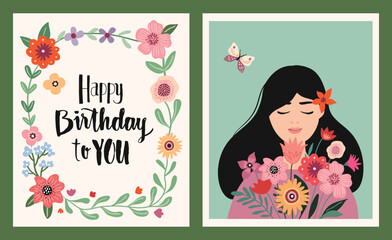 Happy Birthday greeting cards set, floral design, flowers wreath, woman with flowers, decorative vector design