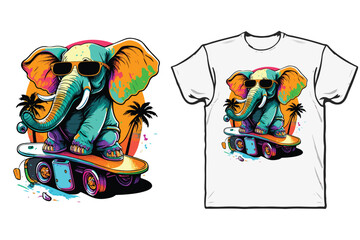 T - shirt design with an elephant on a skateboard