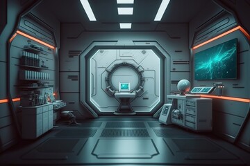 A laboratory in the interior of a spaceship and an empty podium for the presentation of a cyberpunk product. Technology and sci-fi concept. AI.
