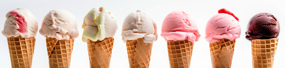 Lots of ice cream in a row of miscellaneous banner. Generative AI,