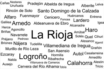 Tag cloud of the biggest cities in La Rioja, Spain. There are cities like Logrono, Calahorra, and Haro.