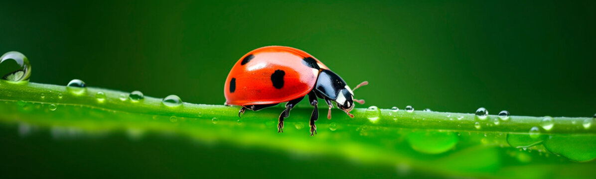 ladybug on a beautiful green background with plants and water drops. Generative AI,