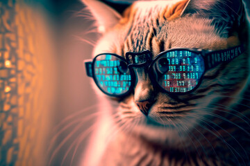Cat in glasses with reflection of binary numbers. Programming concept. Generative AI