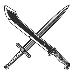 Crossed machete with sword icon, sharp knife melee weapon of hunter in jungle. Black and white vector isolated on white background - obrazy, fototapety, plakaty