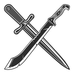 Machete knife with sharp dagger icon, melee weapon of hunter in jungle. Black and white vector isolated on white background