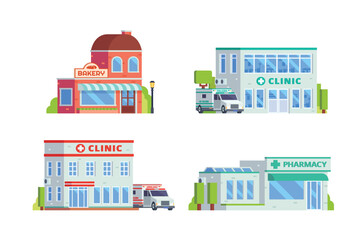 Vector element of clinic building, pharmacy store and bakery shop flat design style for city illustration	