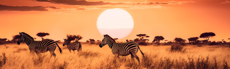 Zebras herd on sunset background. Generative AI,
