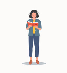 Young woman in full height reading book isolated. Vector flat illustration