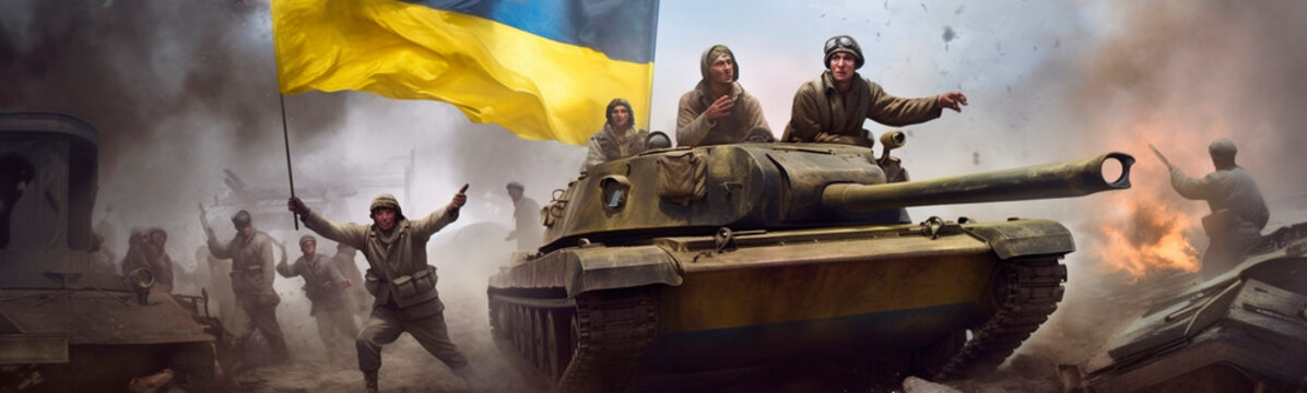 War tanks Ukraine soldiers. Generative AI,