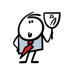 Doodle businessman, a kind director of a large company, holds a mask in his hand and pretends to be a strict man.