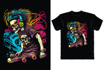 A t - shirt with a skull and headphones that says skateboarding