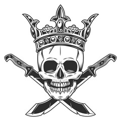 King skull in crown and machete sharp knife melee weapon of hunter in jungle. Black and white vector isolated on white background
