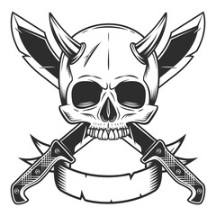 Skull with horn without jaw and crossed machete sharp knife with ribbon.Melee weapon of hunter in jungle. Black and white vector isolated on white background
