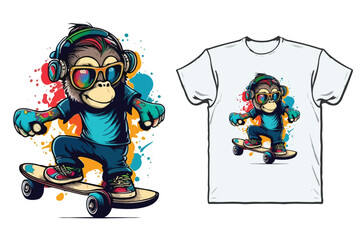 Monkey on a skateboard with sunglasses and a shirt that says monkey on it © designsy24 