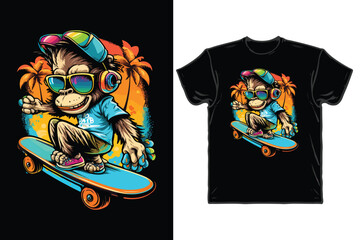 A monkey wearing sunglasses and skateboard with a palm tree in the background