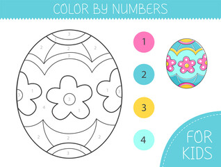 Color by numbers coloring page for kids with easter egg. Coloring book with cute cartoon easter egg with an example for coloring. Monochrome and color versions.