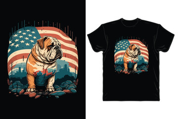 bulldog illustration american flag with t-shirt design