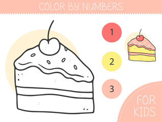 Color by numbers coloring page for kids with piece of cake. Coloring book with cute cartoon cake with an example for coloring. Monochrome and color versions.