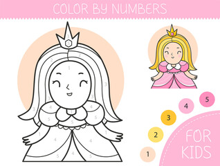 Color by numbers coloring page for kids with princess. Coloring book with cute cartoon girl princess with an example for coloring. Monochrome and color versions