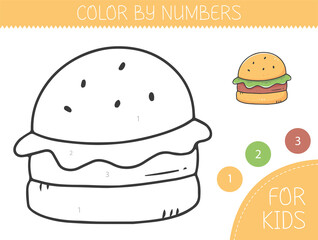 Color by numbers coloring page for kids with burger. Coloring book with cute cartoon burger with an example for coloring. Monochrome and color versions.