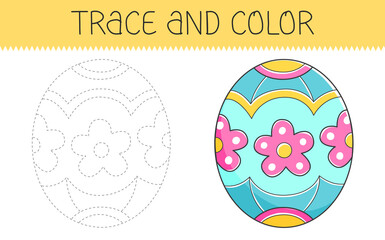 Trace and color coloring book with easter egg for kids. Coloring page with cartoon easter egg.
