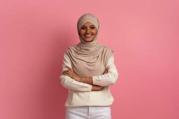 Portrait Of Confident Young Muslim Woman In Hijab Posing With Folded Arms