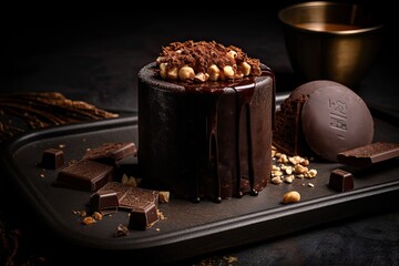 Dark chocolate cylinder with smoked hazelnut praline and salted milk ice cream. Generative AI