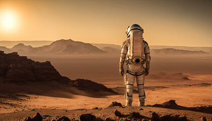 Astronaut steht auf dem Mars. Raumfahrer blickt auf eine Marslandschaft. Außerirdische Welt mit Astronaut. Ki generiert - obrazy, fototapety, plakaty