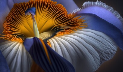  a close up of a flower with a blue and yellow center.  generative ai