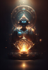 Image generative AI. Representation of Buddha sitting in the lotus position with a luminous sphere that emanates intense light and flashes of light surrounding the scene
