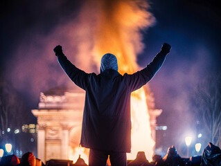 A hooded protester during a night of rioting in Paris - generative ai