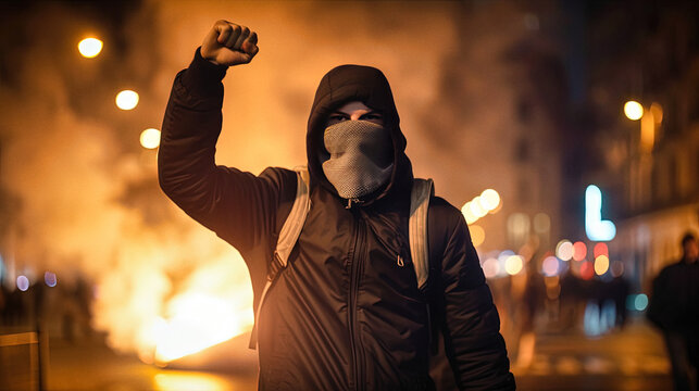 Fototapeta A hooded protester during a night of rioting in Paris - generative ai