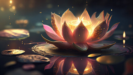 Naklejka na ściany i meble Beautiful representation of a lotus flower or water lily in a pond illuminated by candles and sparks of light. Environment of reflection and meditation. Generative Ai.