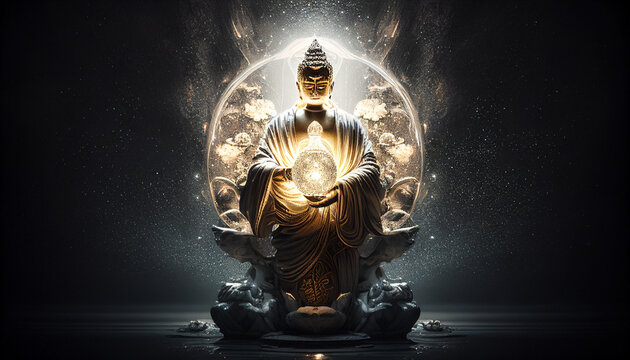 Generative AI Representation of Buddha sitting in the lotus position with a luminous sphere that emanates intense light and flashes of light surrounding the scene