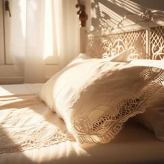 Close up of bed with lacework cover sheet, white and brown embroidered pillowcase and cushion in morning sunlight from window on beige wall bedroom for vintage style interior decoration background 3D