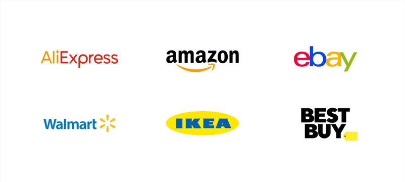 Amazon, ebay, aliexpress, Walmart, IKEA, Best Buy. - Collection of popular online shoping logo in neomorphism style. Neumorphism. Vector icons.