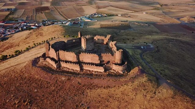 Drone view of Castillo de Riba de Santiuste on a sunny day in Spain