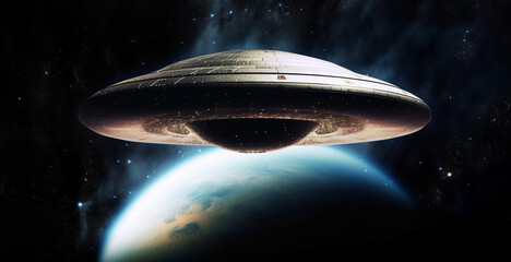 Obraz na płótnie Canvas Flying saucer against a luminous planet Earth. flying ship.