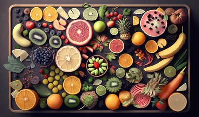  a wooden tray filled with lots of different fruits and vegetables. generative ai